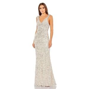 Mac Duggal 5674 Ruffle V-Neck Sequin Dress Sleeveless Nude Silver Size 10 NWT